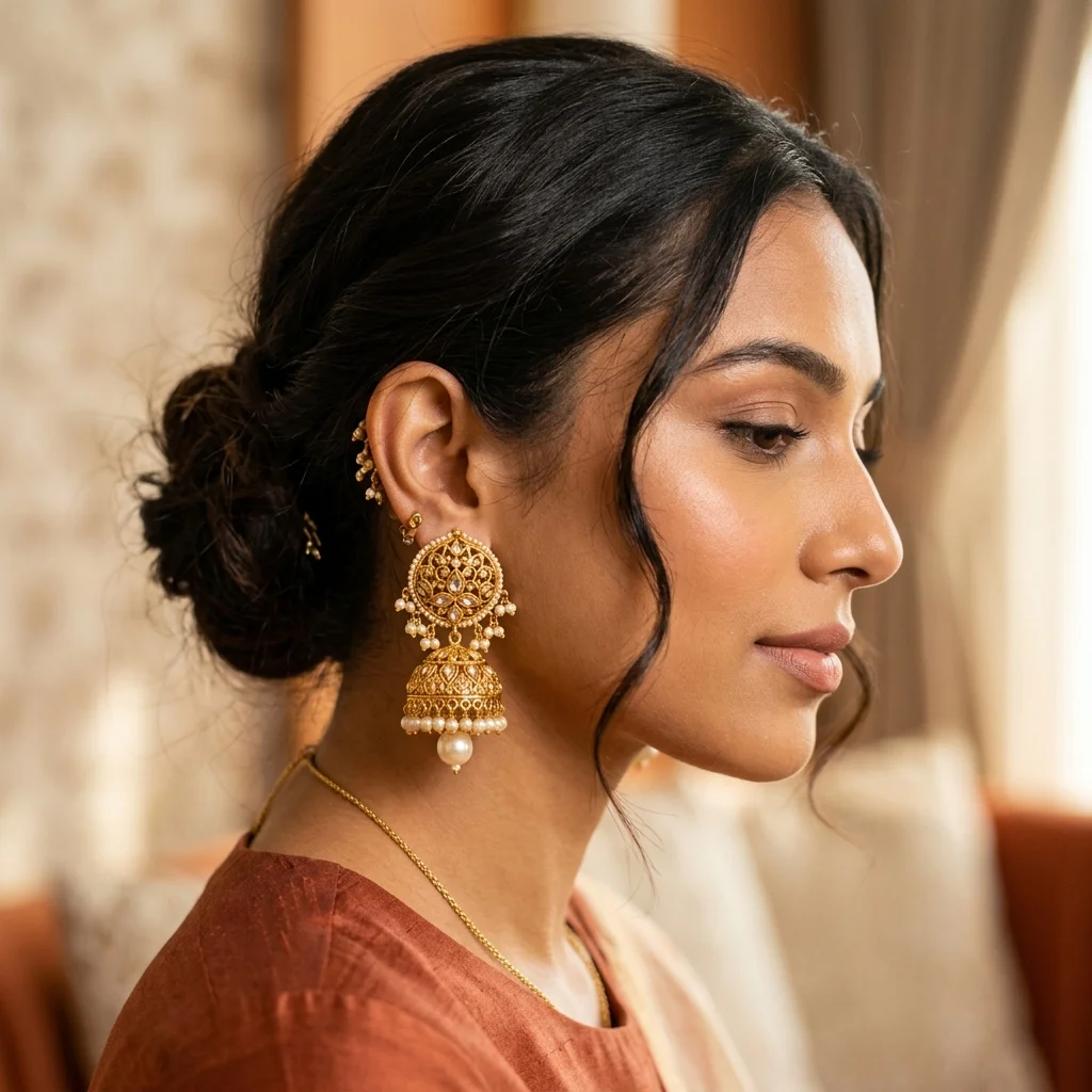 Model wearing Classic Gold Jhumka Earrings