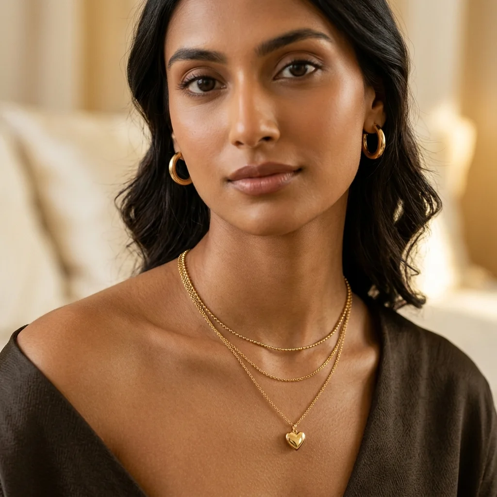 Model wearing Layered Heart Gold Plated Necklace